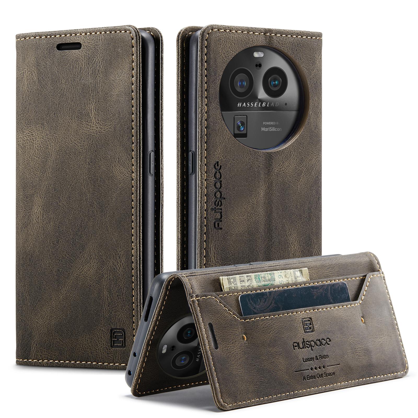 

For Oppo Find X6 Pro Wallet Case AUTSPACE A01 Leather Stand Cover with RFID Blocking Card Holder Coffee