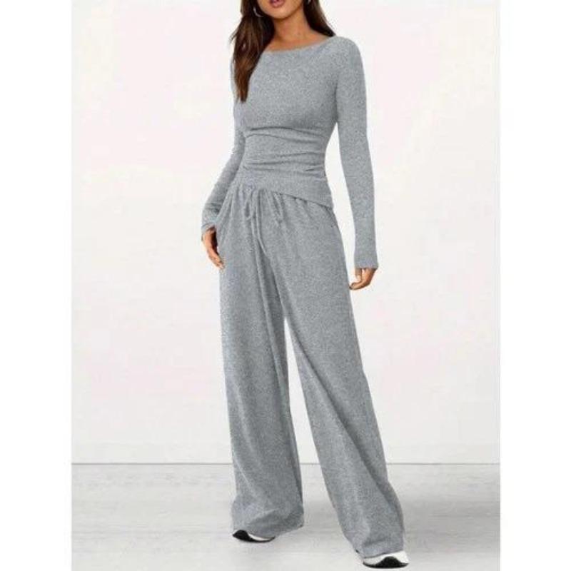 

women s Off Shoulder Ruched Long Sleeve Crop Top Drawstring Wide Leg Pant 2 Piece Casual Tracksuit Outfit S серый