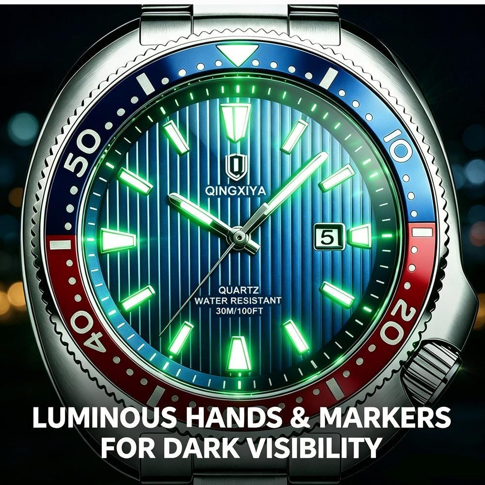 Business Mens Analog Watches Wateproof Diving Watch Luminous Dial Steel Band Daily Calendar Quartz Watch