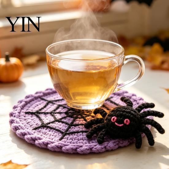 Heat Resistant Yarn Coaster Halloween Spider Web Coaster, Handmade Crochet Drink Mat for Crocheted Cup Pad Table, Spooky Gothic Table Mats Coffee And