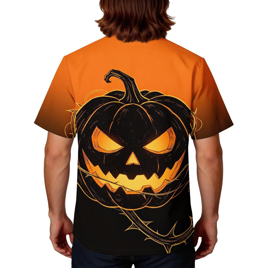 Men's Halloween Print V-Neck Short Sleeve Pocket Scrub Top for Caregiver Uniform