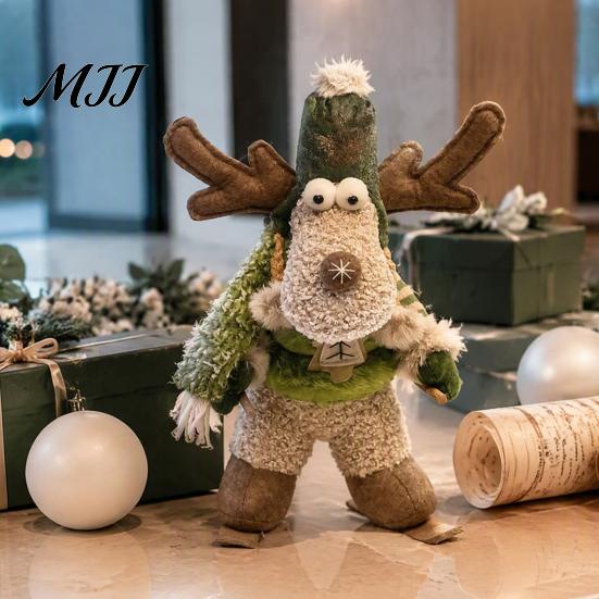 Festive Fabric Figurines for Shopping Malls Green Christmas Plush Figurines, Skiing Snowman Reindeer Stuffed Doll, Seasonal Gift Items Friends