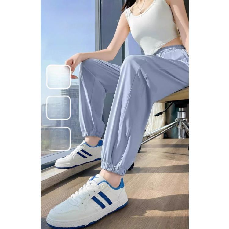 Womens Ice Silk Summer Sports Pants High Waist Straight Leg Ankle Cuff Sun Protection Workout Trousers