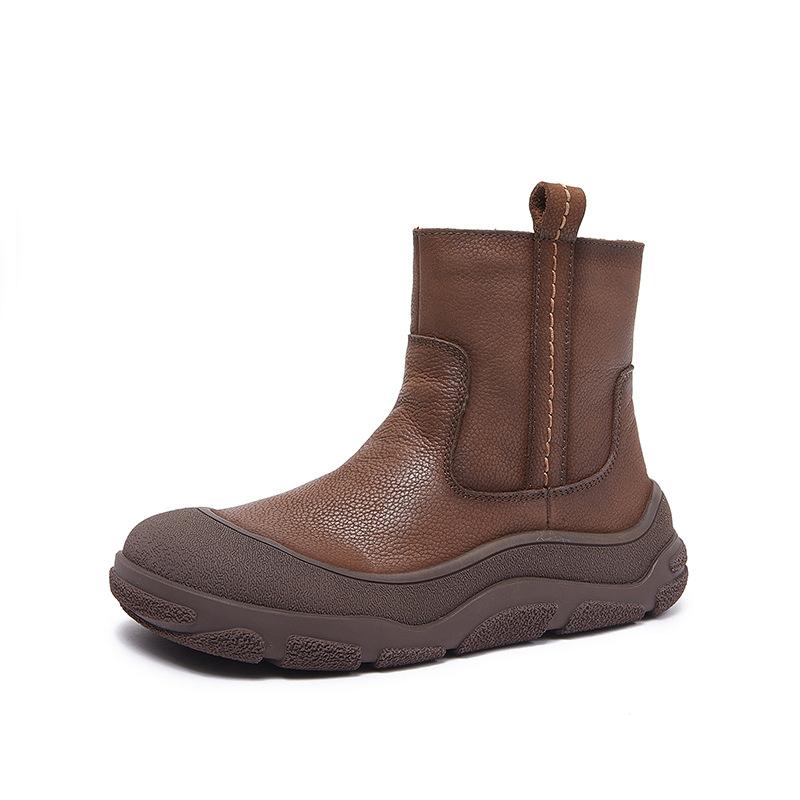 

Johnature Thick Soled Round Toe Warm Plush Boots Genuine Leather Retro Women s Cotton Shoes 37 кофейный