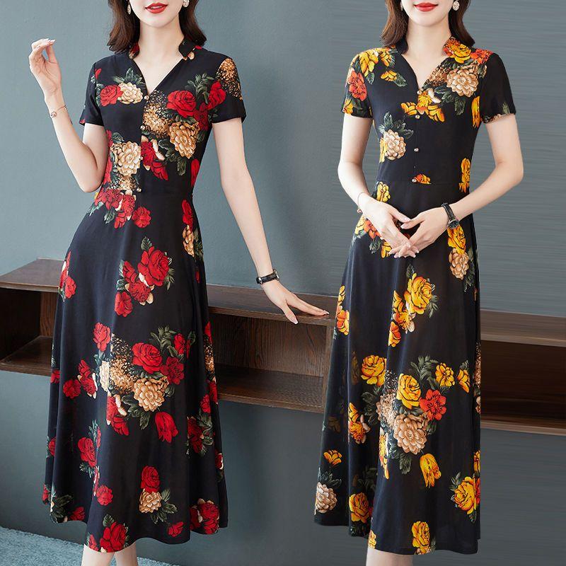 Elegant V-hals A-linje Slim Kjoler Stilig Vintage Blomstret Dameklær Casual Kortermet Sommer Trykt Knapp Midi Kjole