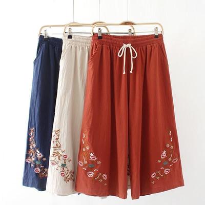 Mode Sommer Frauen Breite Bein Hosen Gerade Hülse Hohe Taille Lose Beiläufige Solide Stickerei Kordelzug Tasche Baumwolle Hosen