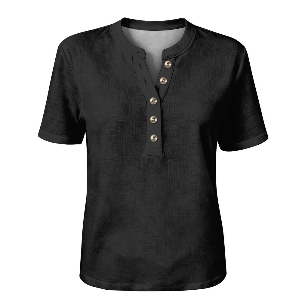 Women’s Cotton Linen Henley Neck Short Sleeve Shirt with Button Placket Solid Pattern Relaxed Fit Casual Blouse Top