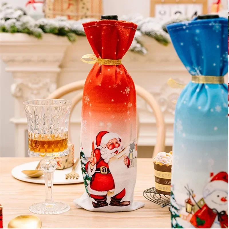 Christmas Wine Bottle Cover Non Woven Santa Claus Snowman Elk Print Home Christmas Decor Champagne Bottle Table Decor Xmas Gift