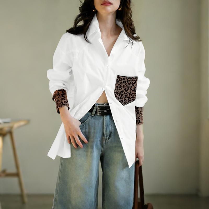 

ZANZEA Женская повседневная блузка с отложным воротником, леопардовым принтом, пэчворк, рукав 3/4 5XL белый