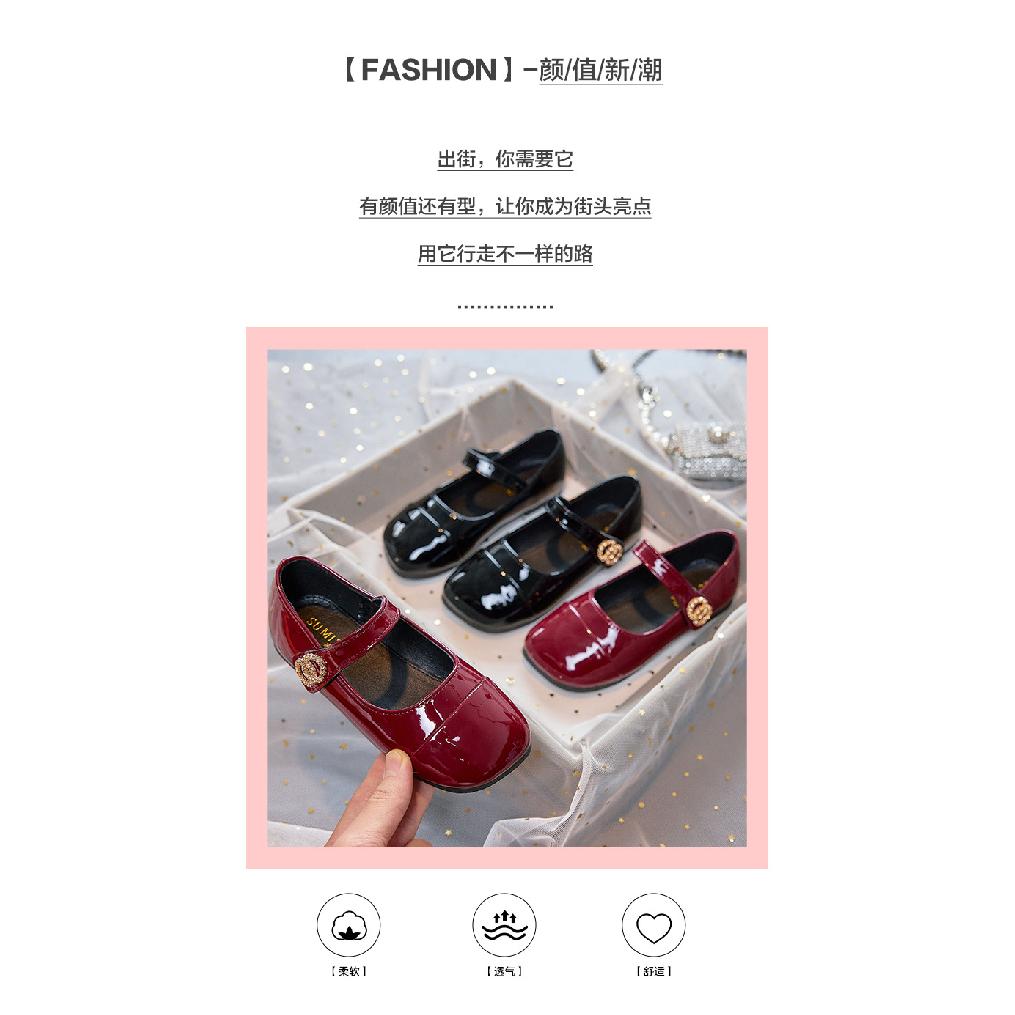 Girls' Leather shoes2026Spring New Square-toed Mary Jane Velcro Princess Shoes, Flat Patent Leather Performance Shoes for Girls