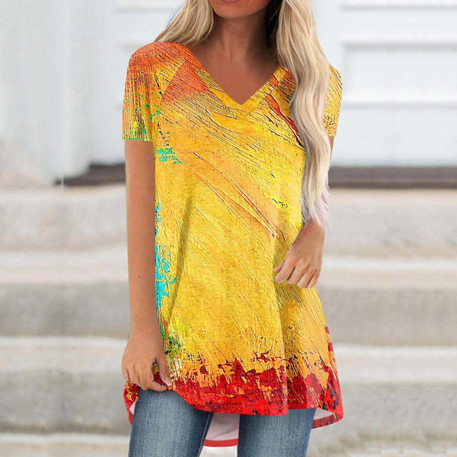 

Женские плиссированные свободные топы с короткими рукавами Плюс размер Повседневные топы с V-образным вырезом и короткими рукавами Повседневные летние футболки Женские топы Футболки Рубашки XXXL золотой