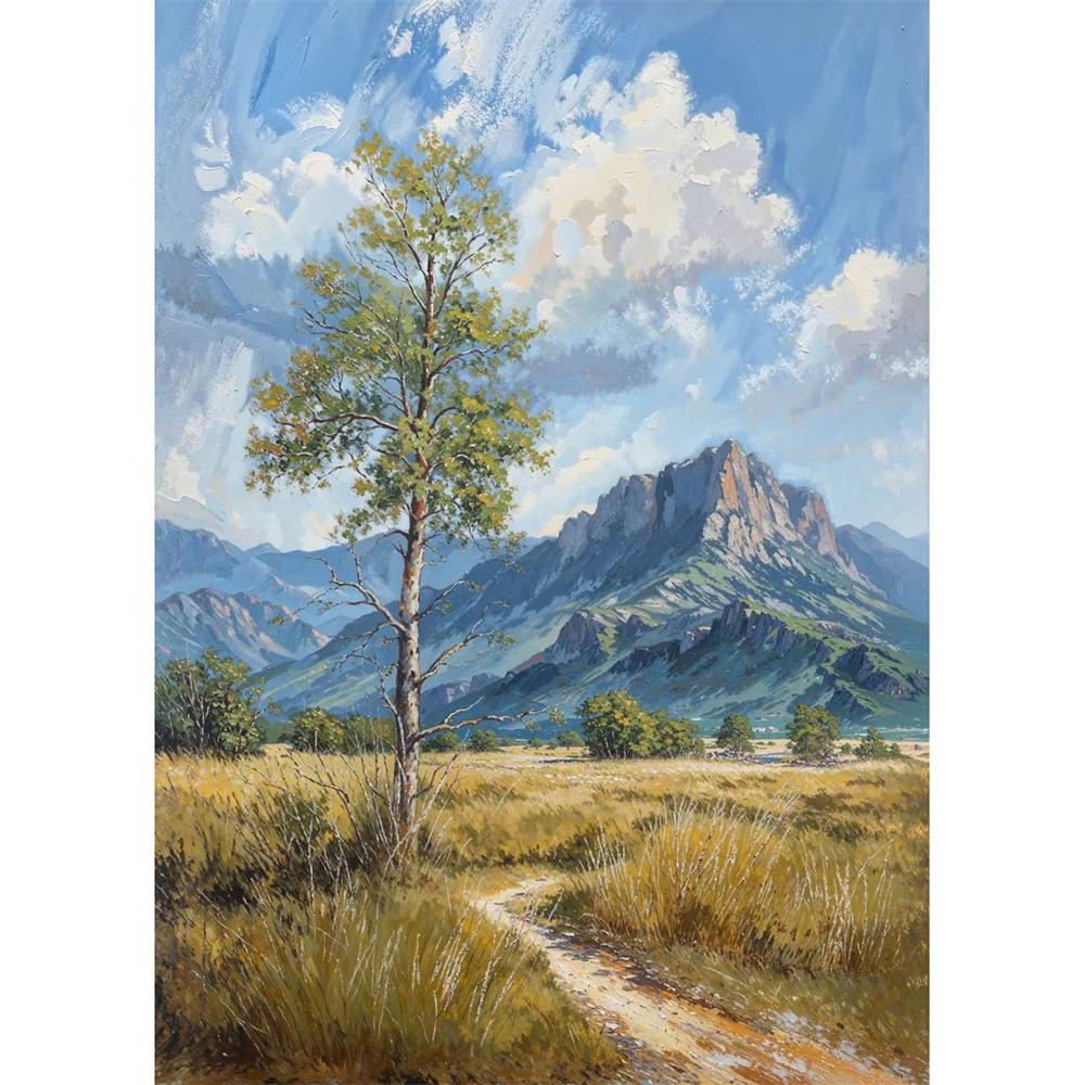 Cabana na Montanha Vista do Vale Caminho de Outono Prado de Verão Floresta de Árvores Nuvem Pôster Pintura em Tela Impressão para Sala de Estar Decoração de Casa