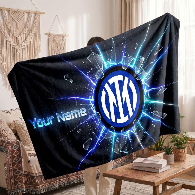 Inter Milan Personalized Fleece Blanket With Football Logo, Custom Name Text Soft Warm Home Throw Blanket