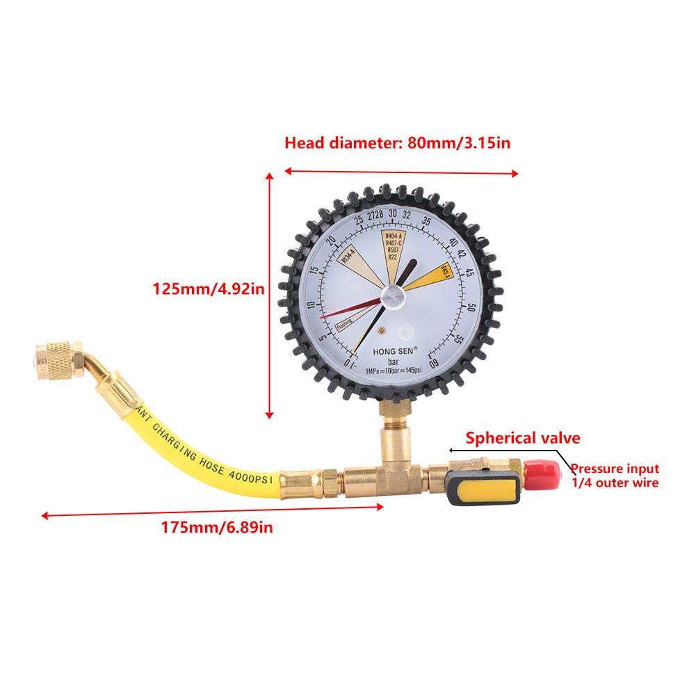 Pomya Pressure Gauge, Nitrogen Measurement Compression Gauge, Suitable for R134a, R22, R407C, and R410A Refrigeration Equipment