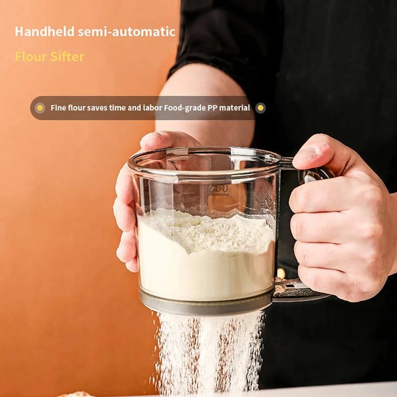 1pcs Semi Automatic Flour Sieve Fine Mesh Sieve Powder Cup with Scale Flour Cocoa Powder Filtration Baking