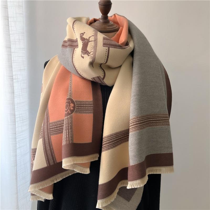 Autumn and winter new color matching fringed hair scarf women's splicing thickened shawl fashion one piece