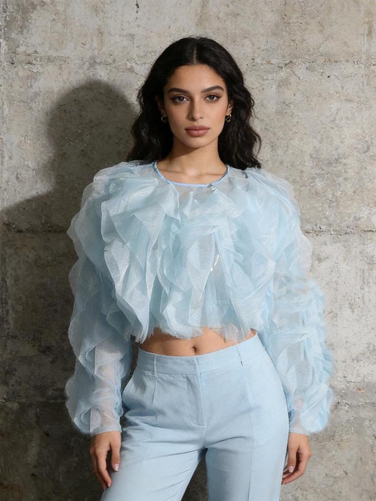 Elegant Ruffle Patchwork Round Neck Top for Women - 2026 Spring/Autumn Collection