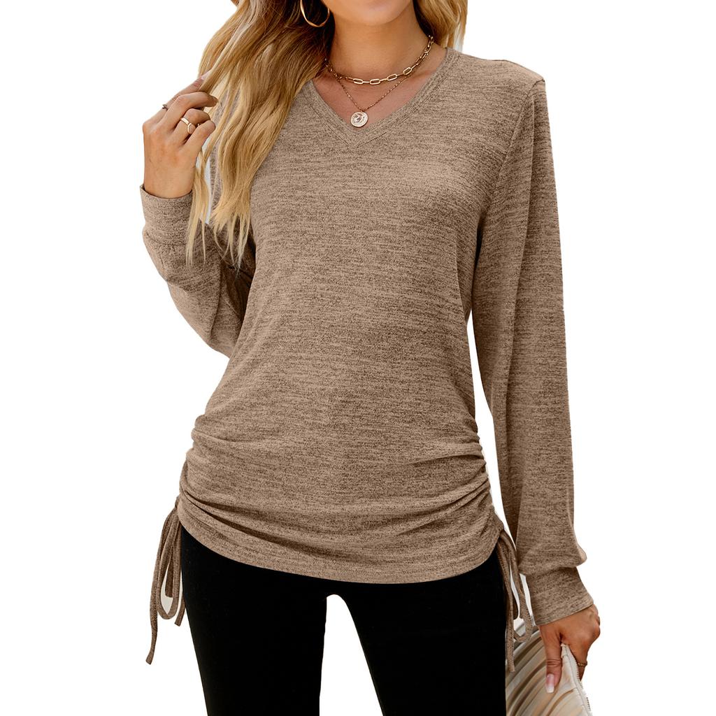2024 European And American Autumn And Winter New Solid Color Long Sleeved V-Neck Pleated Loose T-Shirt Top For Women