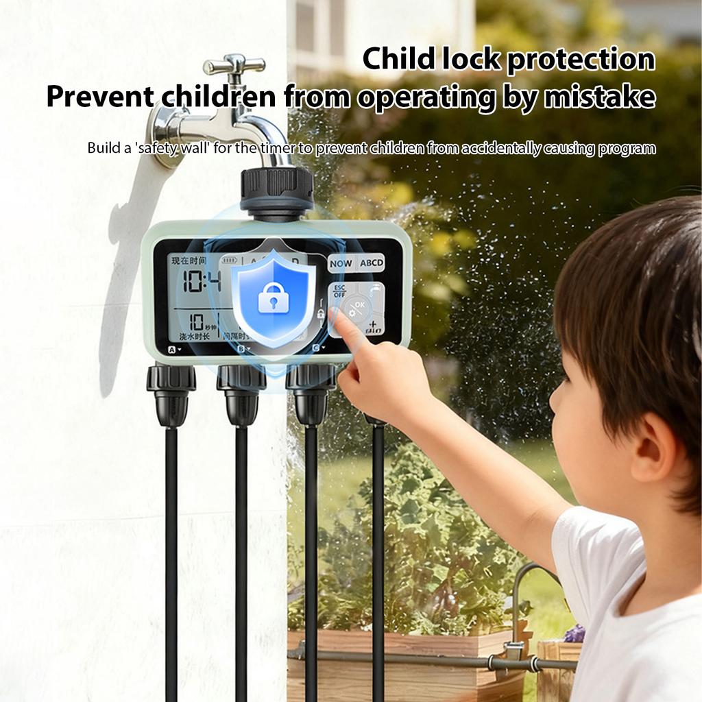 4-Zonen-Wasserzeitschaltuhr Programmierbares Gartenschlauch-Bewässerungssystem Regenverzögerung Kindersicherung Manueller Modus Sprinkler-Zeitschaltuhr für
