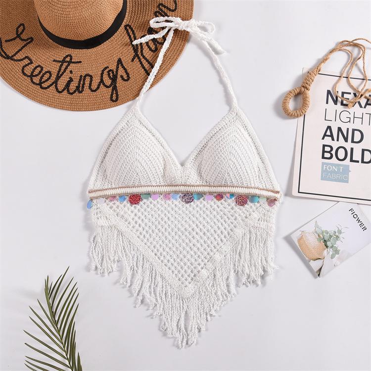 Lace-up Neck Small Vest, Sling Women's Summer Short Style with Chest Pad Inside, Backless Hollow Tube Top Embroidered Vest