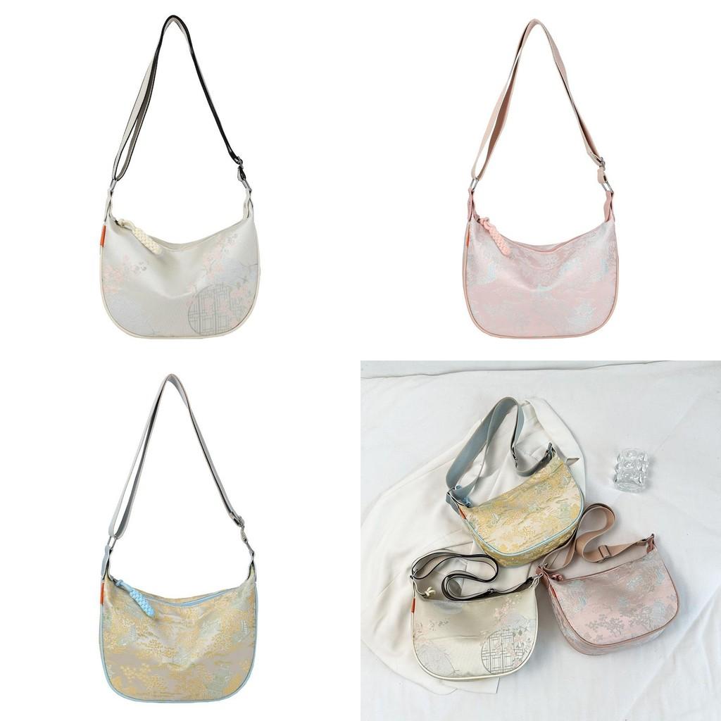 Elegant Chinese New Style Large Capacity Satin Embroidered Shoulder Bag For Women In Pink Yellow And