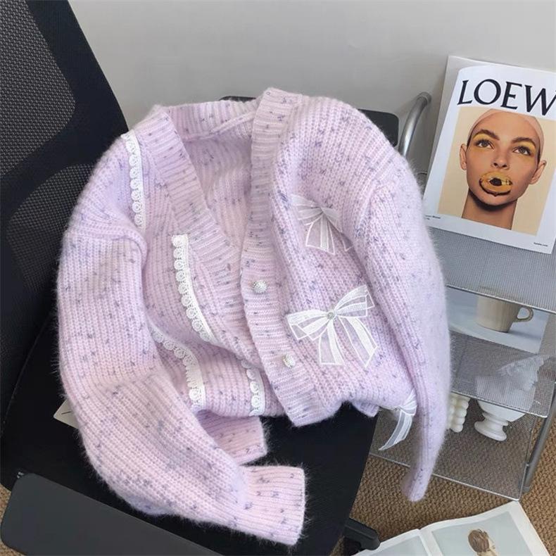 

Женский осенне-зимний однотонный повседневный топ с V-образным вырезом, длинный рукав, трикотажный свитер, кардиган One Size фиолетовый