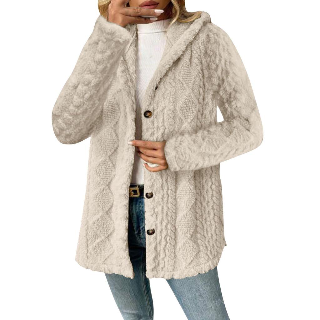 Women's Solid Color Fashion Casual Warm Fashion Diamond Plush Hooded Cardigan Coat