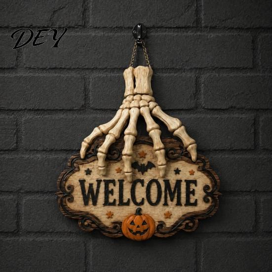 Horror Style Storefront Sign Skeleton Hand Door Welcome Sign, Halloween Pumpkin Bat Pattern Decor, Retro Distressed Wood Decor Wall Hanging