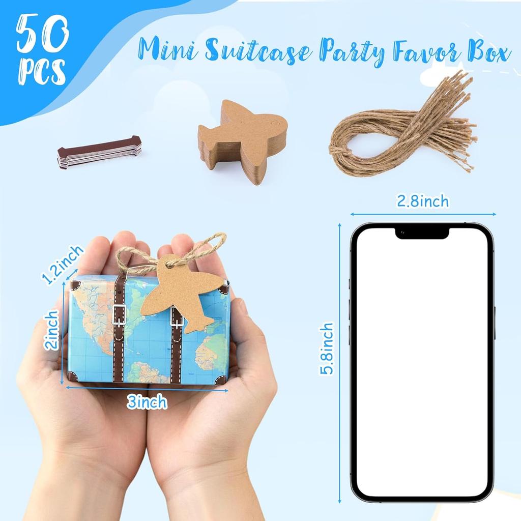 HONEYGIFTS 50 Piece Mini Suitcase Gift Box Party Favor Candy Box, Mini World Map Suitcase for Birthday Party/Wedding/Travel Themed Parties/Bride