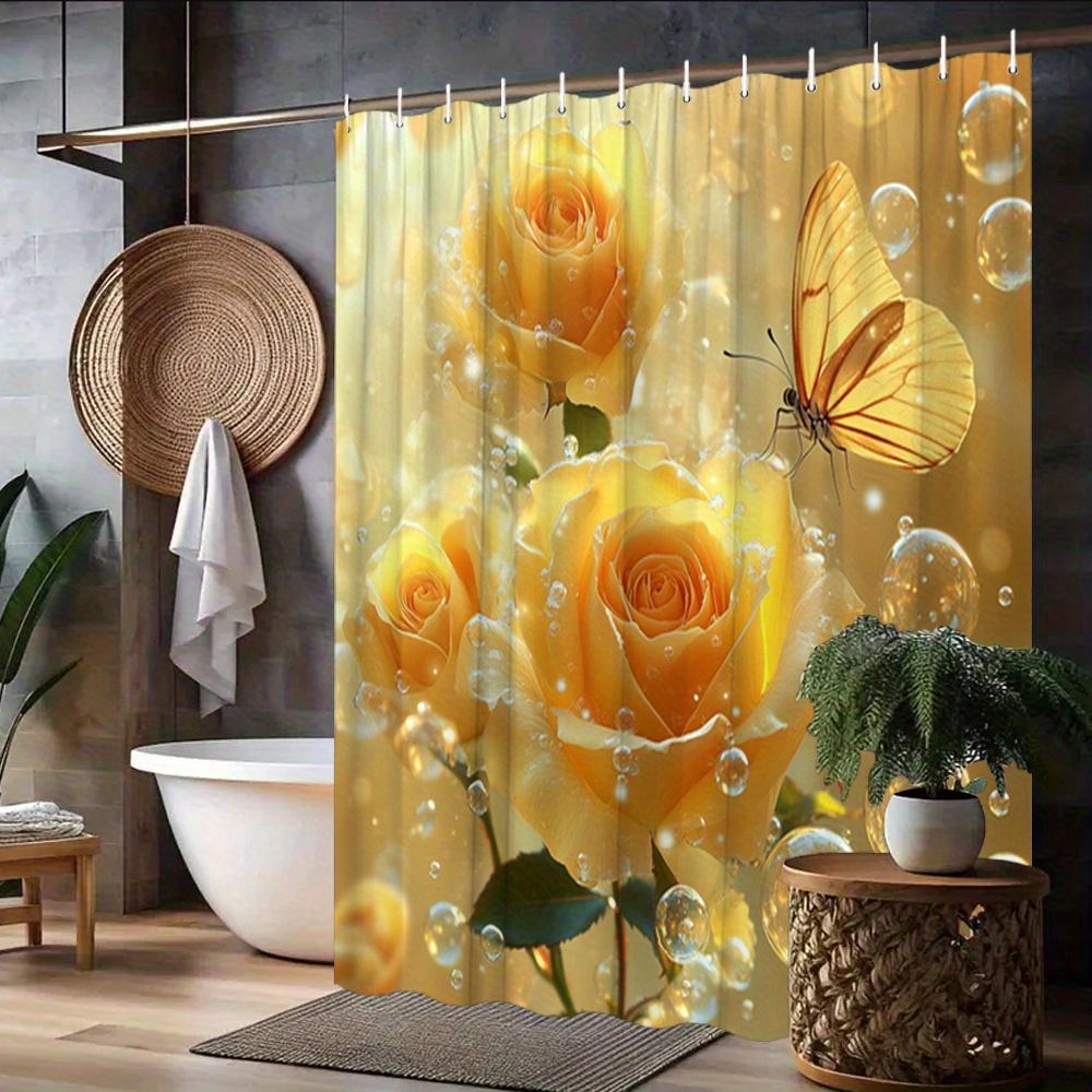 

1Pc Rose Shower Curtain Golden Yellow Bloom Butterfly Bubbles Ethereal Home Bathroom Bathtub Decorative Curtain With 12 Hooks W60H190(CM)-1 Pcs