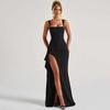 Women Elegant Solid Straps Slit Ruched Patchwork Sexy Bodycon Maxi Dress Summer Outfits Evening Party Birthday Dresses