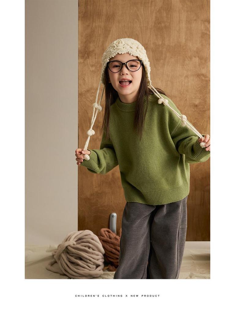 Children's Wool Ribbed Sweater - Round Neck, Cozy Autumn/Winter Base Layer for Girls