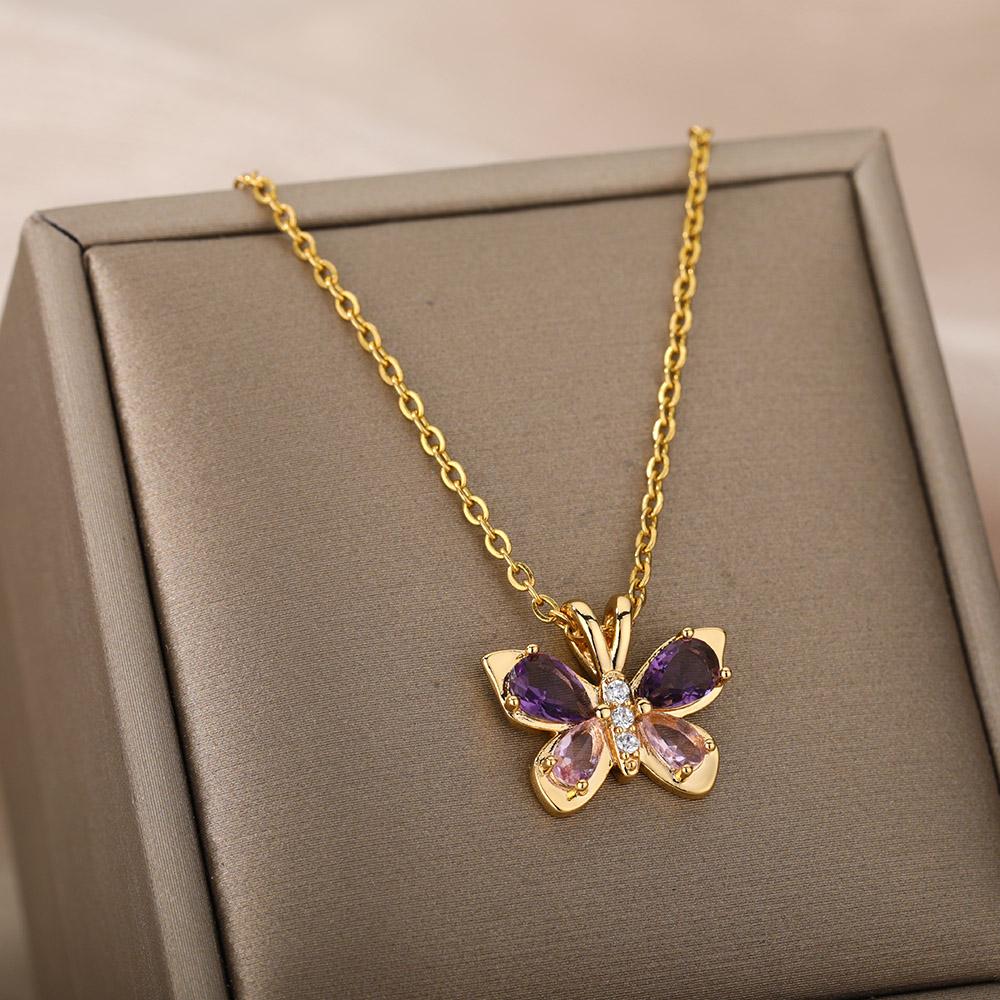 Crystal Butterfly Necklaces For Womenstainless Steel Crystal Purple Butterfly Charm Chain Choker Necklace Aesthetic Jewelry Gift
