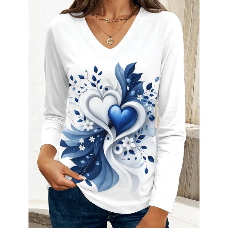 Fashion Women's V-Neck Long Sleeve 3D Casual Color Printing Casual Long Sleeve V-Neck T-Shirt