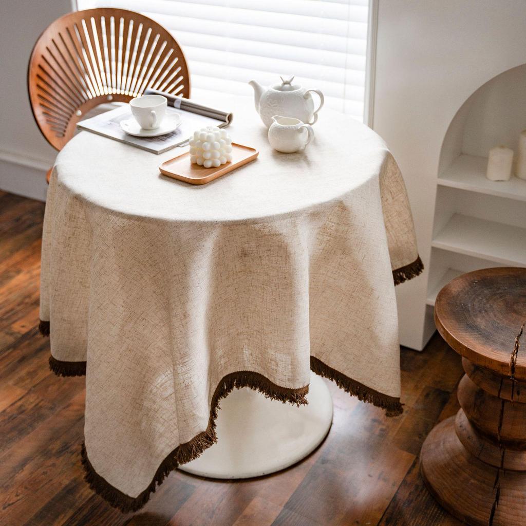 Imanqiyun Khaki Tassel Tablecloth - American Country Linen Blend Rectangular