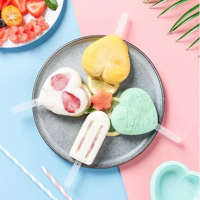 Silicone Ice Cream Maker 4 Cavities Popsicle Mold with Wooden Sticks Oval Cake Chocolate Baking Tools Reusable Dessert Molds