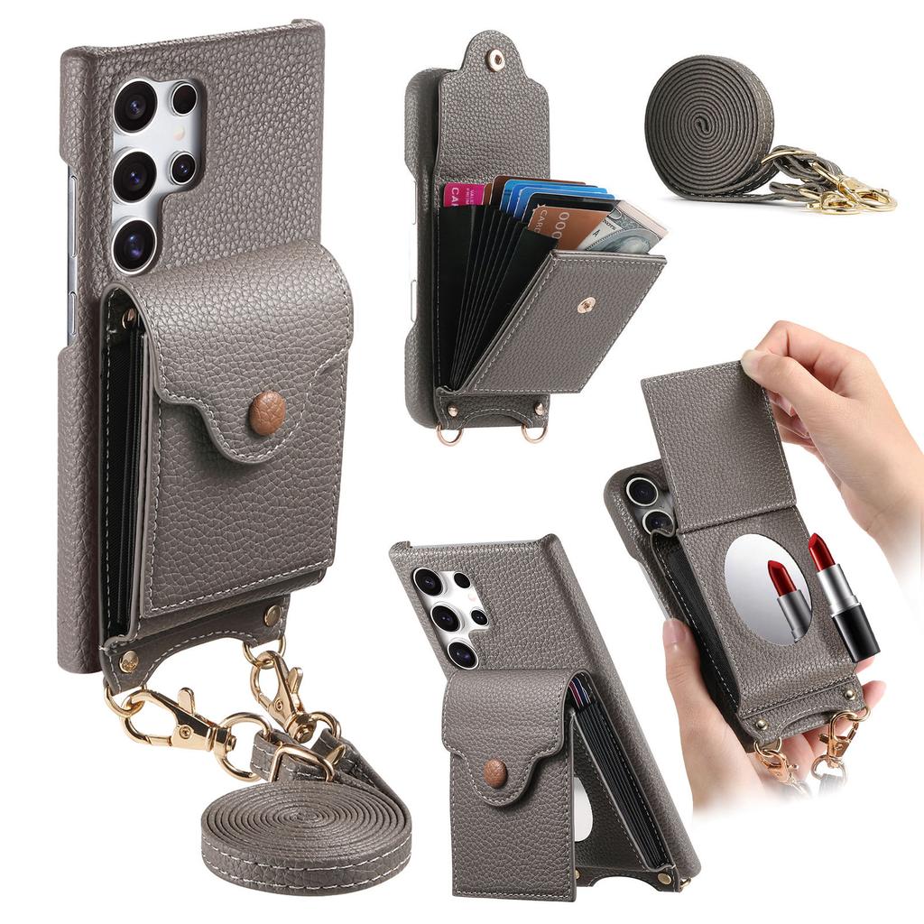 For Samsung Galaxy S25 Ultra Case Mirror Card Holder Litchi Texture Leather Phone Back Cover with Long Strap