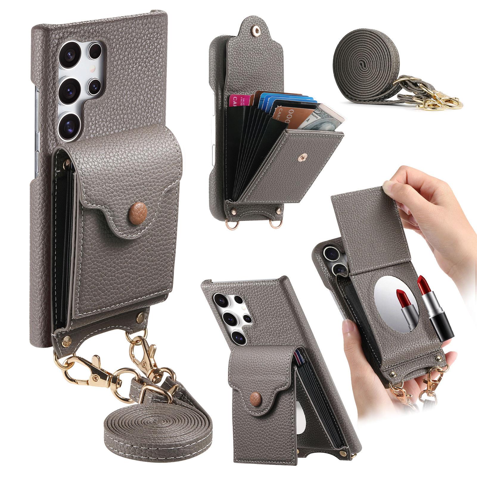 

For Samsung Galaxy S25 Ultra Case Mirror Card Holder Litchi Texture Leather Phone Back Cover with Long Strap Silvery Grey