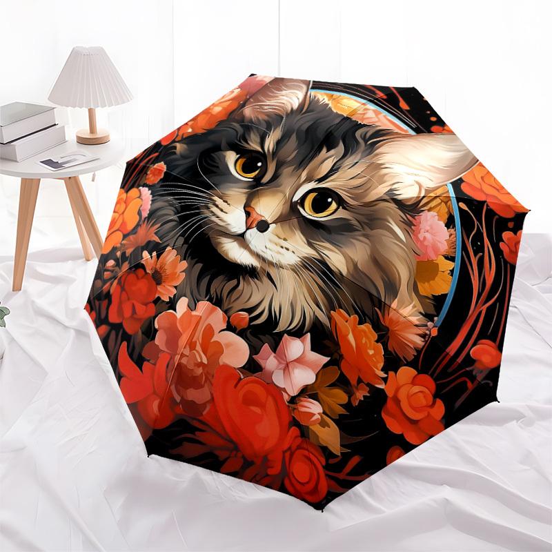 1pc Floral Cat Portrait Umbrella with Plastic Handle,Suitable for All Seasons Home Travel Outdoor UmbrellaDD201