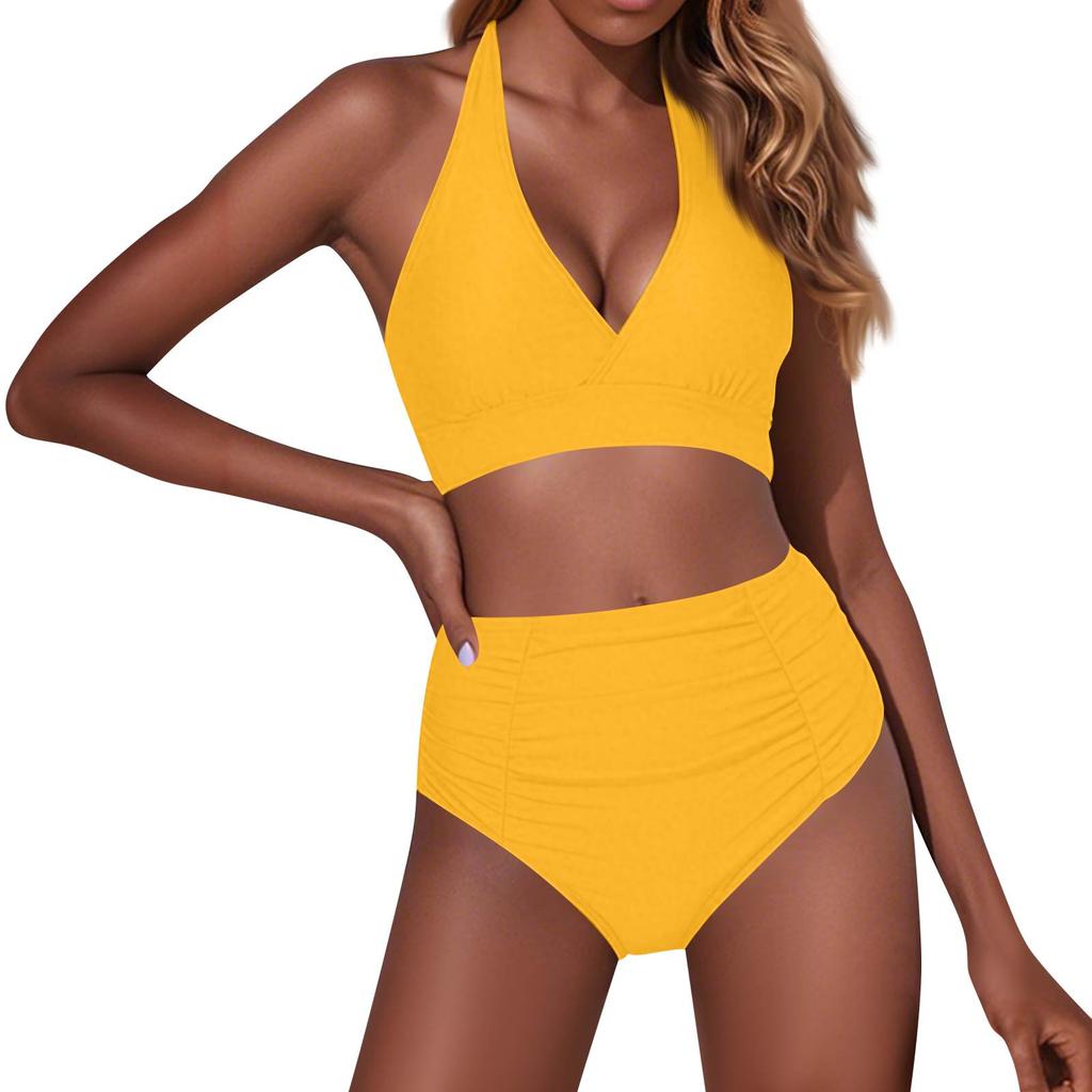 Damski Modny Dwuczęściowy Seksowny Jednokolorowy Strój Kąpielowy Bikini Z Wkładkami Biustonosz Bez Fiszbin