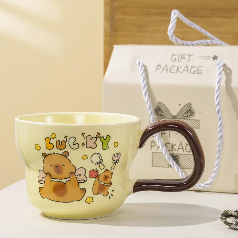 Roztomilý keramický hrnek s kapybarou a lžičkou, hrnek pro pár, vysoký, hezký, kreslený hrnek s kapybarou, suvenýr na oslavu obchodu