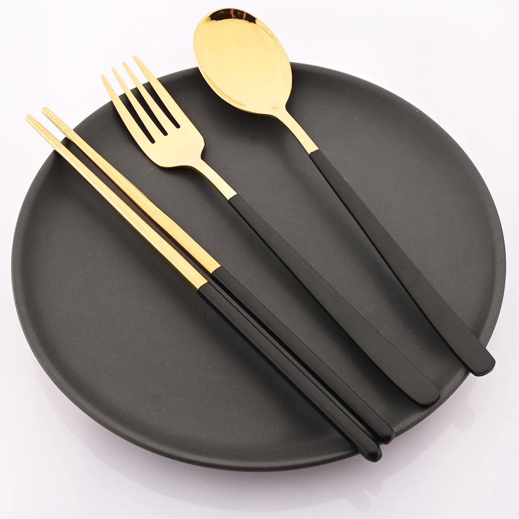 8pcs Gold Stainless Steel Cutlery Set Western Mirror Flatware Set Korean Style Spoon Chopsticks Dinnerware Set Kitchen Tableware