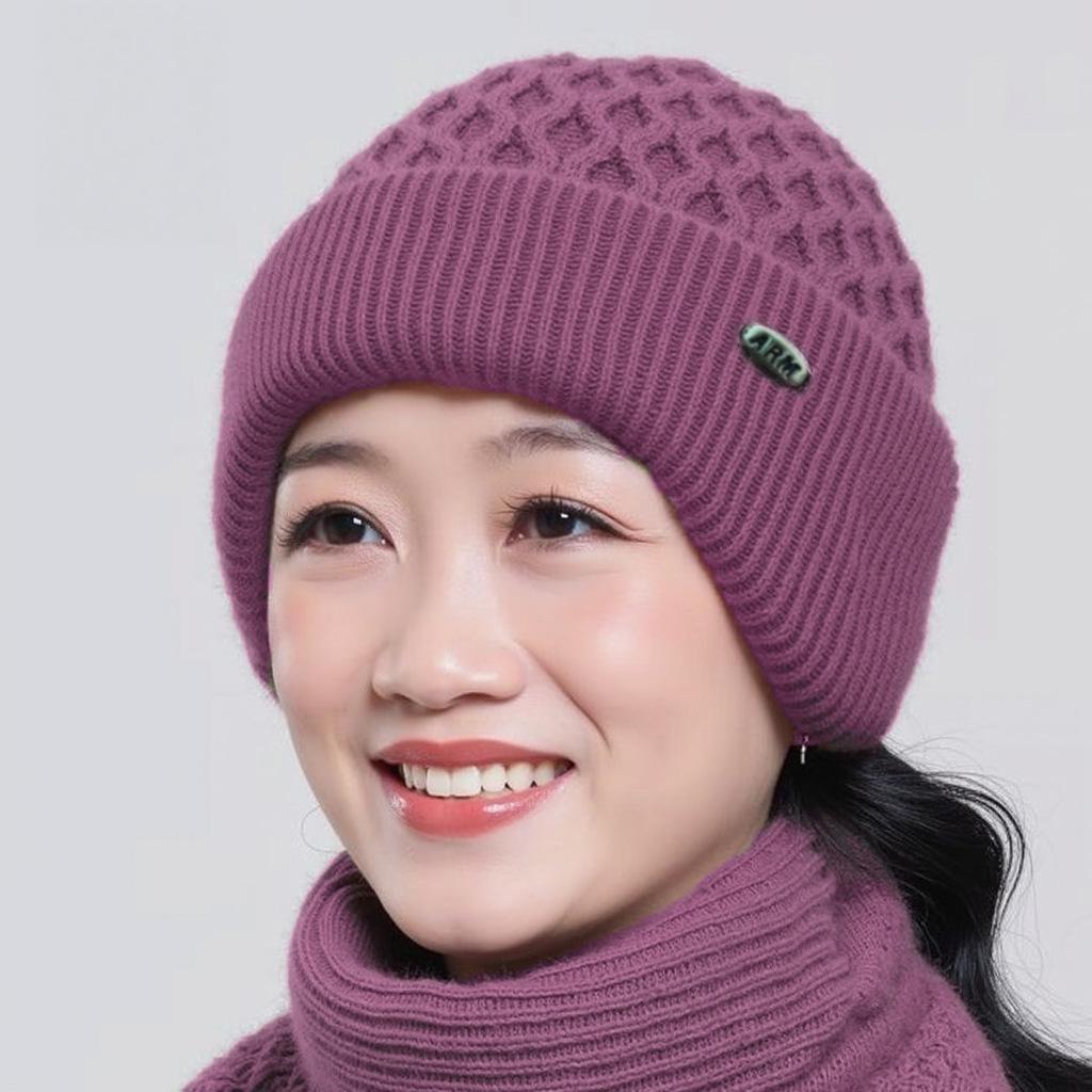 Warm Knitted Wool Hat for Elderly Women - Velvet-Lined Winter Ear Protection