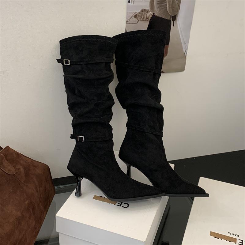 Rich and noble with pointed high-heeled boots, khaki long knight boots, women's new autumn and winter with coat high boots