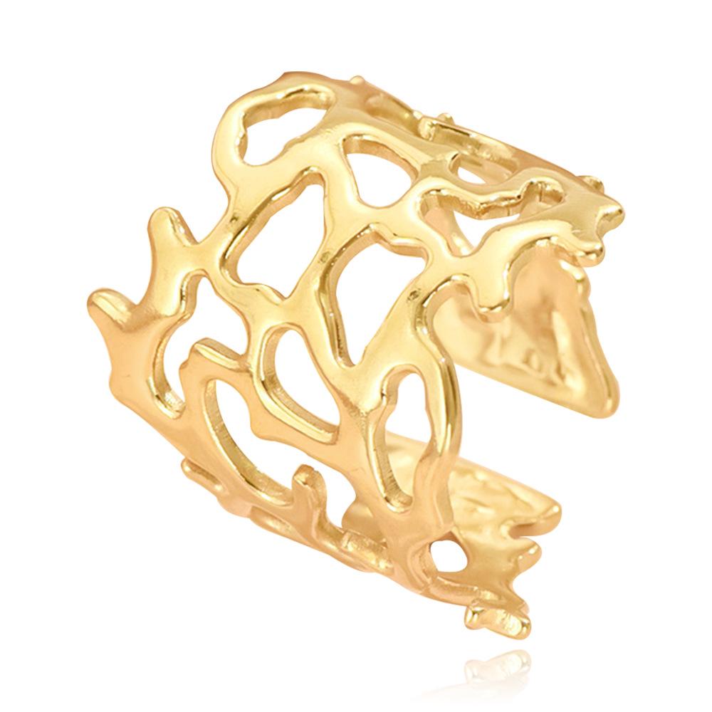 Retro Dark Wide Openwork Thorn Stainless Steel Leaf Adjustable Ring for Women
