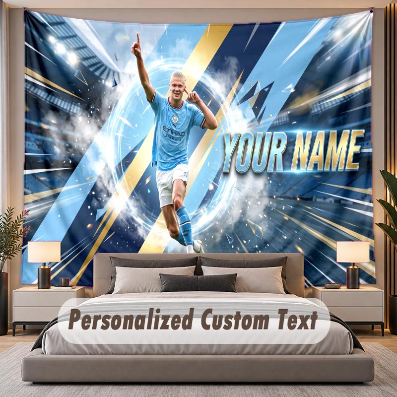 Custom Name Text Tapestry Erling Haaland Personalized Polyester Wall Tapestry For Bedroom And Room