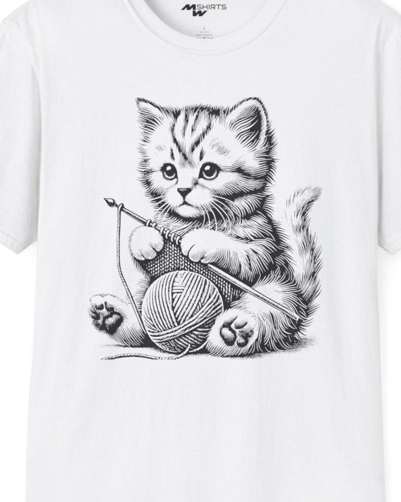 Knitting Kitten T-Shirt: Engraving-Style Cat Lover Tee L