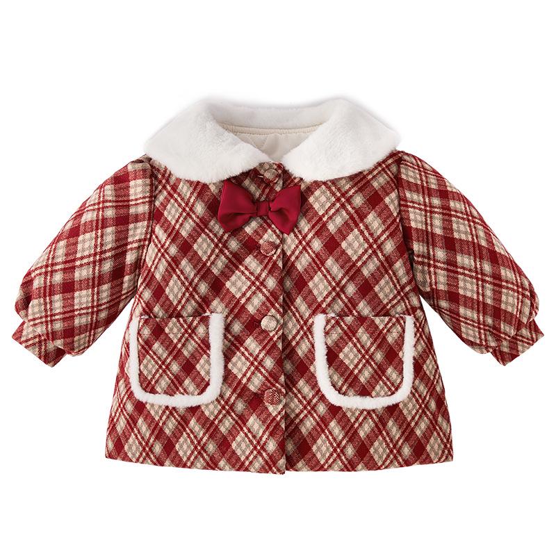 Girls' Red Woolen Jacket - Stylish Autumn/Winter Coat with Plus Velvet for Children
