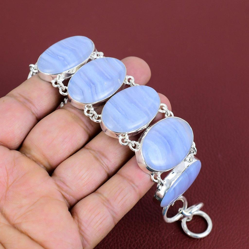 Blue Lace Agate Bracelet 925 Sterling Silver Bracelet Handmade Adjustable Chain Bracelet Gemstone Bracelet Silver Jewelry Anniversary Gifts