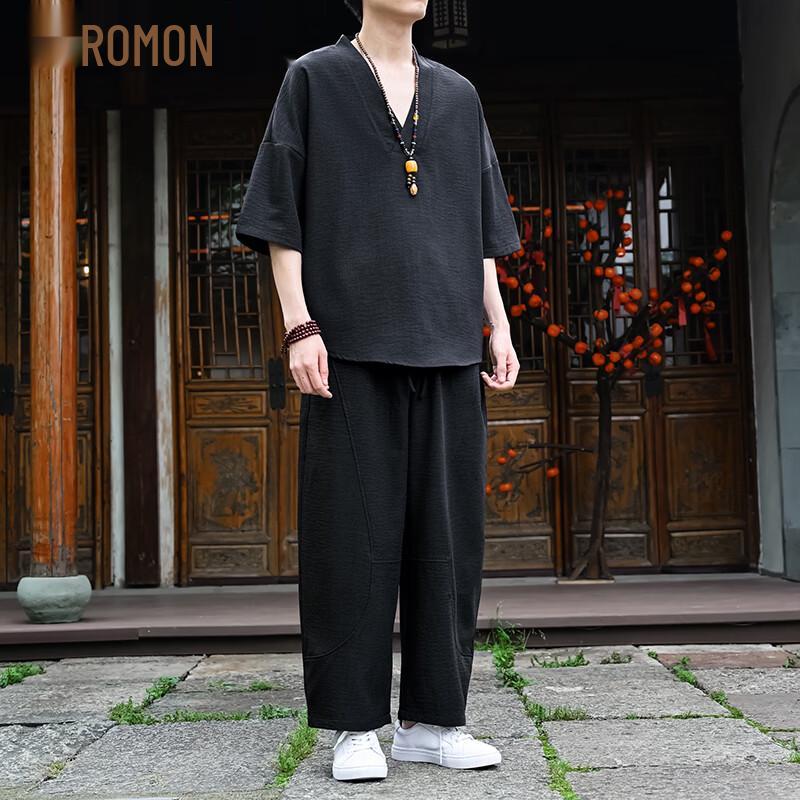 ROMON Men s New Chinese Style Ice Silk Two-Piece Set XXL